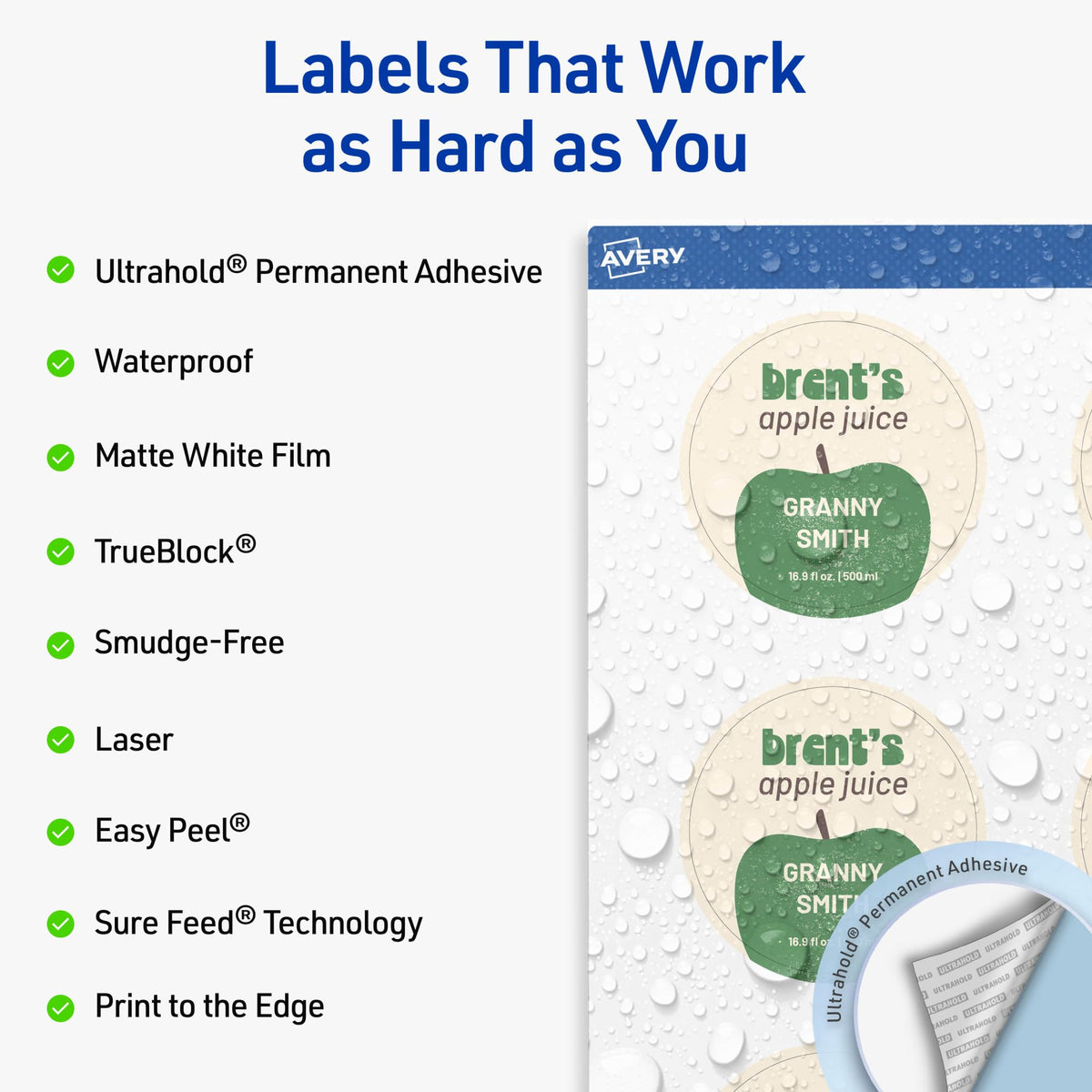 Avery® Outdoor Waterproof Round Labels, Sure Feed® Technology, 2.75" Diameter, White Film, Print-to-the-Edge, Compatible with Laser Printers, 150 Labels Total