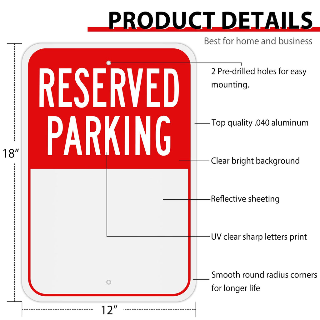 MUXYH Blank Reserved Parking Sign, Write-On Sign, 18” x 12” Rust Free Heavy Duty Aluminum Reflective Warning Signs, UV Protected, Fade Resistant, Weatherproof - Easy to Mount - Outdoor use Red 1