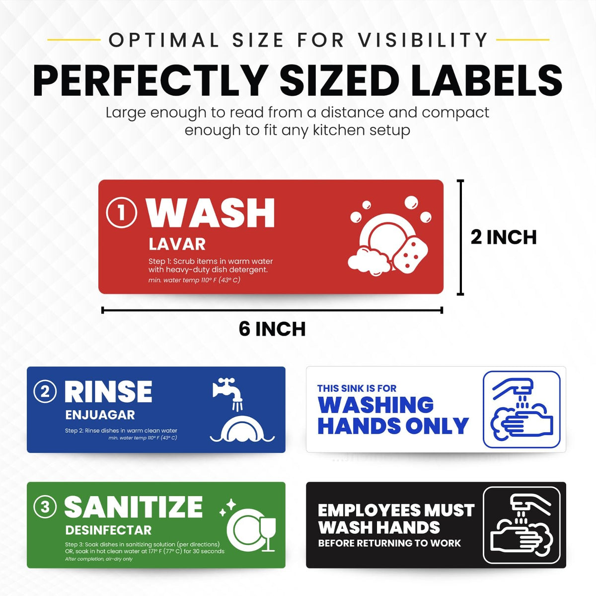 [Enhanced] Wash Rinse Sanitize Sink Labels, Hand Wash Only 5 Labels