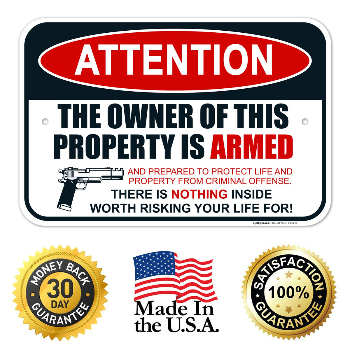 Gun Sign, The Owner of This Property is Armed Sign, Aluminum 12x18