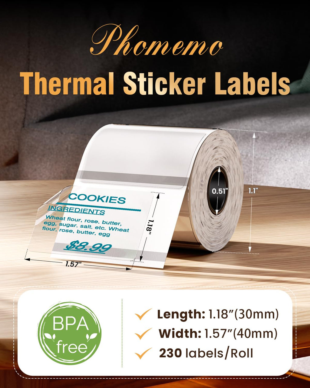 Phomemo Colorful Thermal Labels, 230 Labels/Roll, 1.57"x1.18"(40x30mm) 1.57" x 1.18" Green on Clear