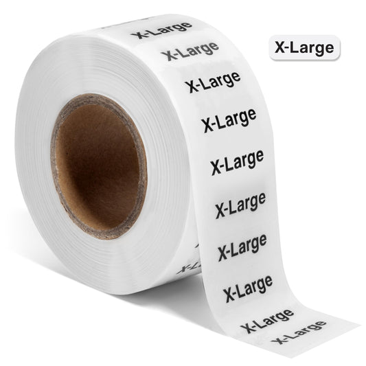 2500pcs XL Clothing Size Labels, 1" x 0.35" Labels, X-Large, 2500 Labels/Roll, Clear Clothing Size Sticker Labels for Shirts, Pants, Accessories, Retail Clothing
