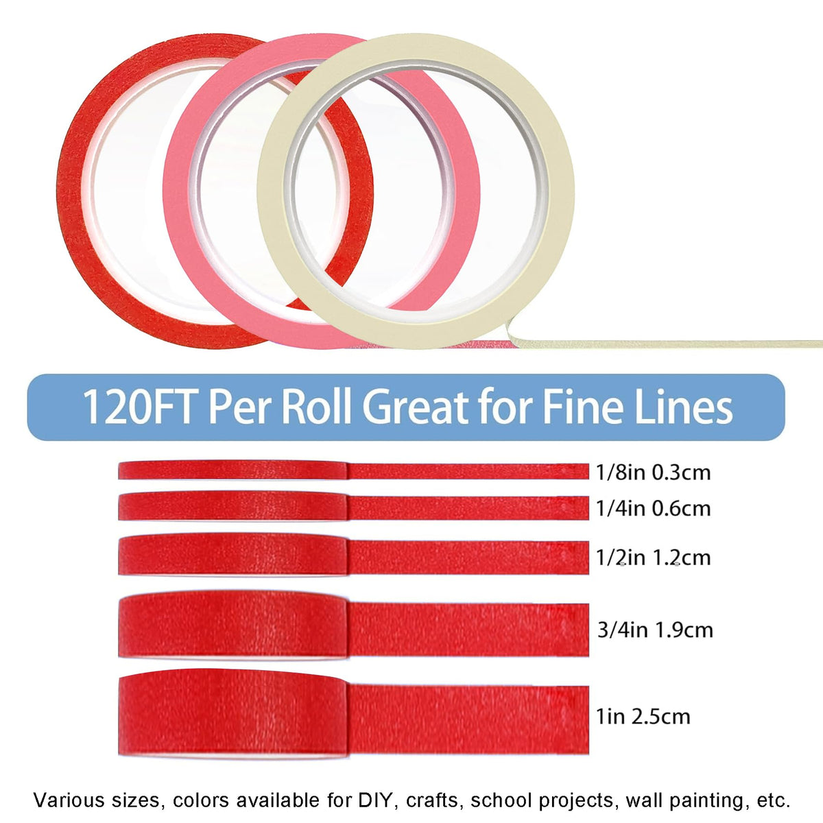 EDSRDRUS Thin Painters Tape 1/8, 1/4, 1/2，3/4，1 inch Width 40 Yard Painter Tape Paint Tape Masking Tape, for DIY, Crafts and Art Paint Big Projects 1/4”+1/2”+3/4” x 3 rolls Cream