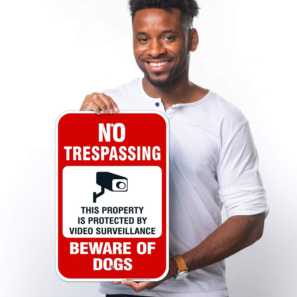 Beware of Dog Sign, No Trespassing Sign, Video Surveillance Sign, Aluminum 12x18