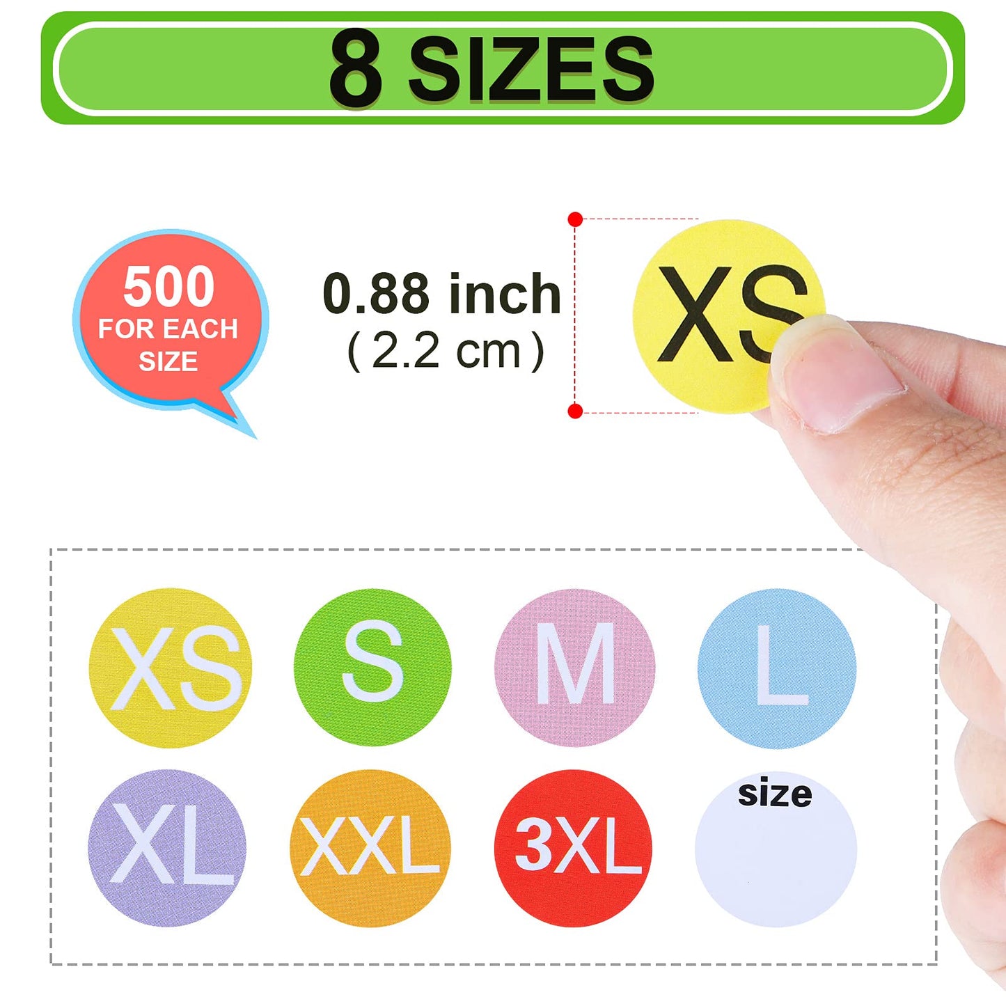 Elcoho 4000 Pieces Clothing Size Sticker Labels Round Color Stickers with Black Text 8 Rolls 7 Sizes and One Roll Blank Size Stickers