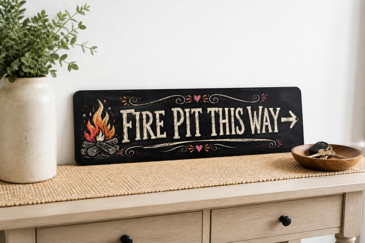 Fire Pit This Way – Chalkboard BBQ Backyard Metal Sign 15x5