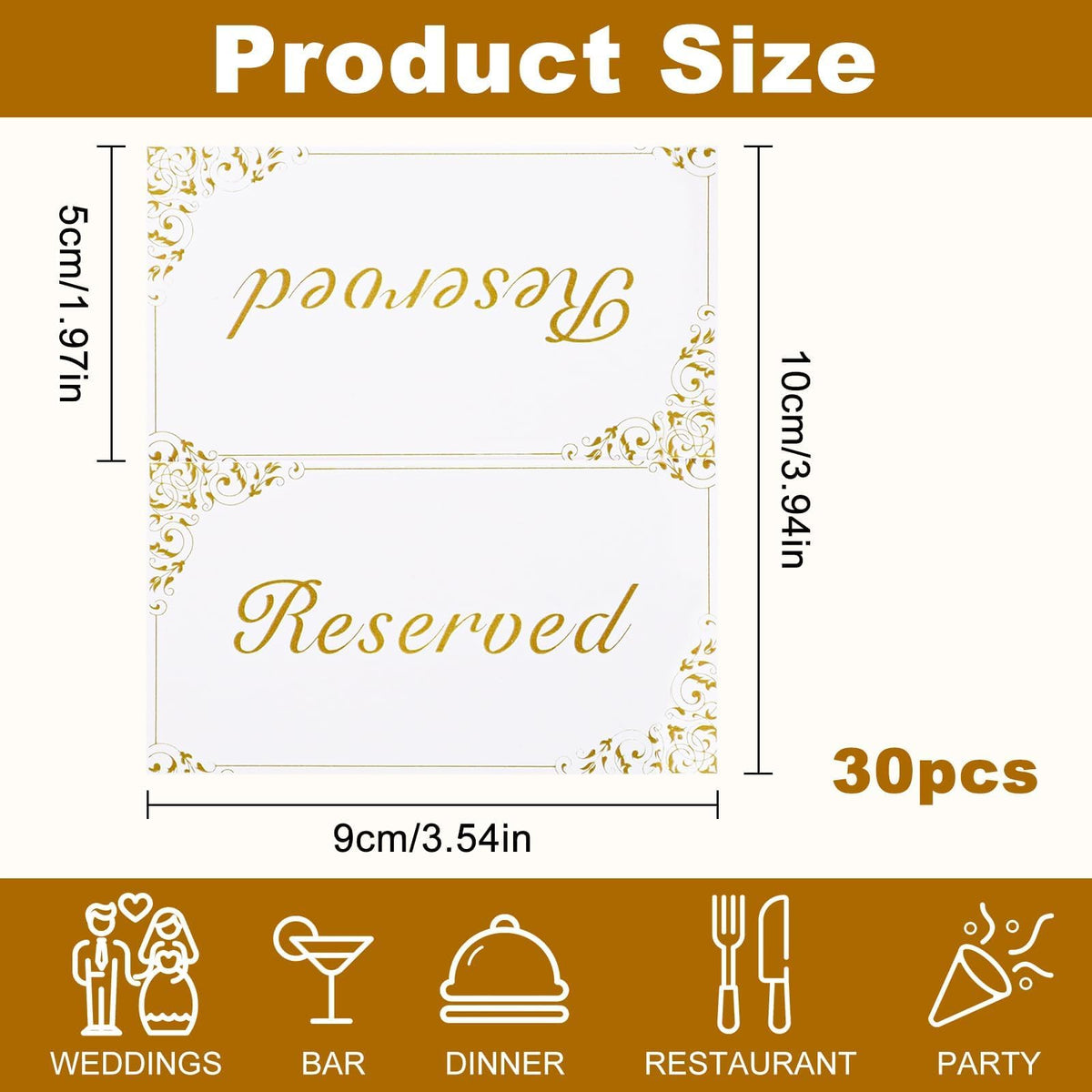 30 Pack Reserved Table Signs, White Reserved Signs with Gold Foil Design