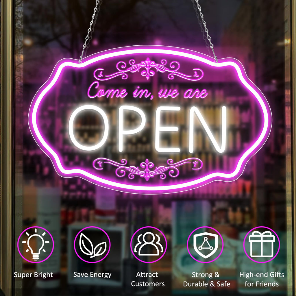 LED Neon Open Sign for Business, 16.5 x 10'' Come In, We're Open Sign, Pink & White Adjustable Brightness Neon Lights for Party, Bar, Salon, Stores, Wall Decor, Clubs, Hotels 16.5*10'' Open (Pink&White)