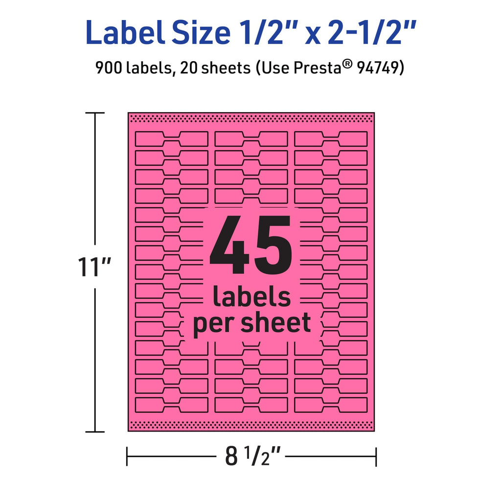 Avery® Printable Barbell Labels, Sure Feed® Technology, 1/2" x 2-1/2", Bright Pink Labels, Laser/Inkjet Printable, 900 Total, Great for Jewelry Merchandising and Cord Identification 900 labels