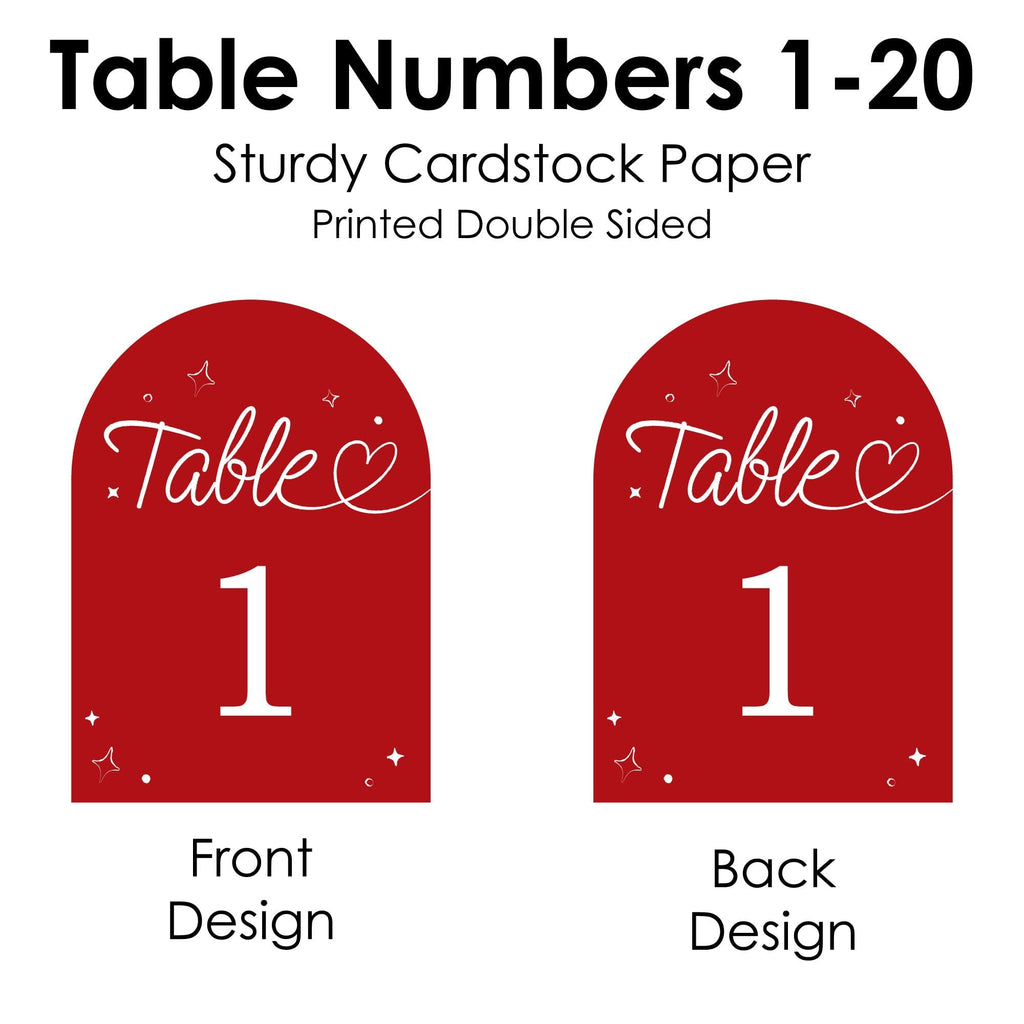 Big Dot of Happiness Wedding Hearts Cherry Red Table Numbers, Engagement and Anniversary Party Decor, Wedding Centerpieces, Double-Sided 5 x 7 inches Cards, Table Numbers - 1-20
