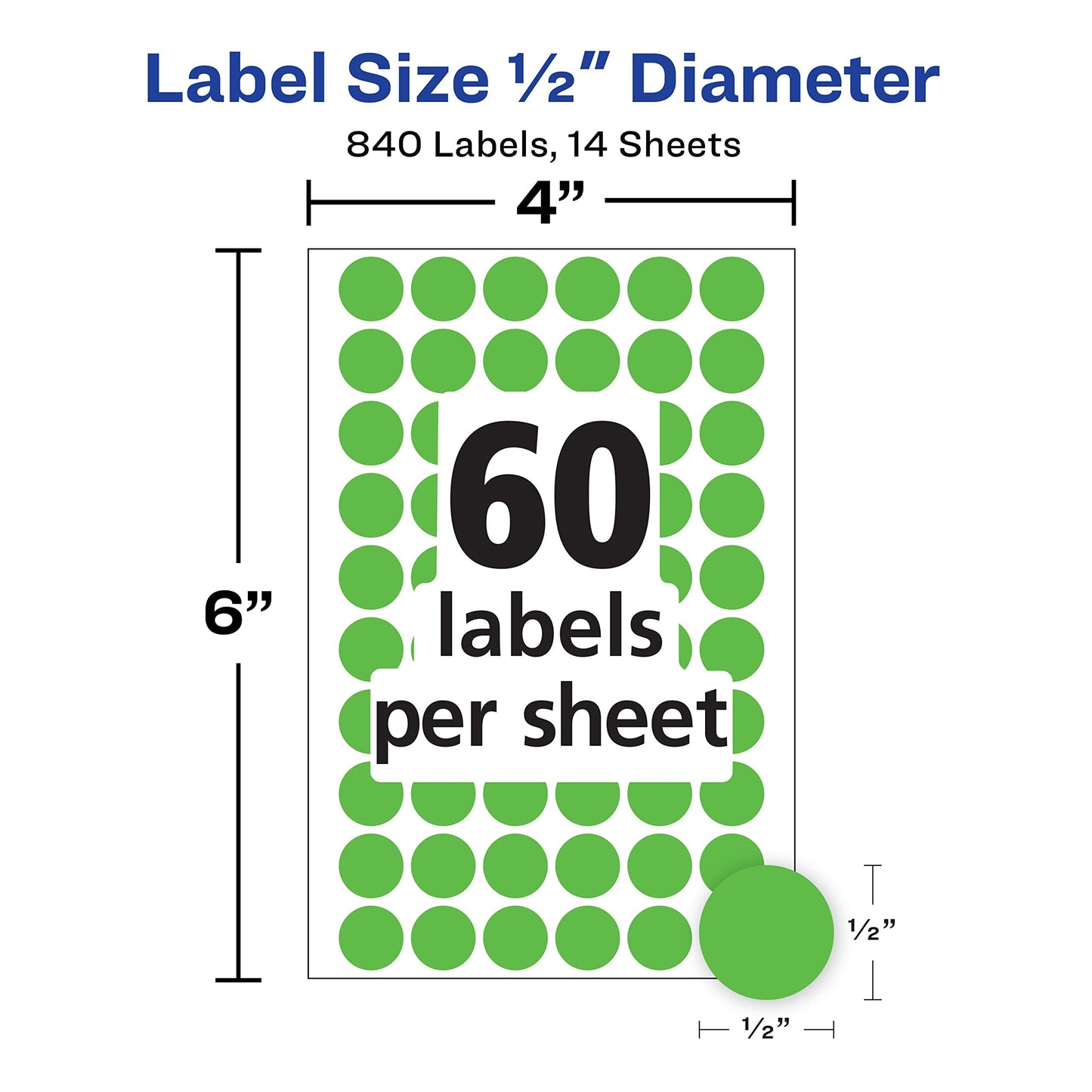 Avery Removable Neon Green Dot Stickers 1/2 Inch, Pack of 840 Round Stickers (5052),Small Small