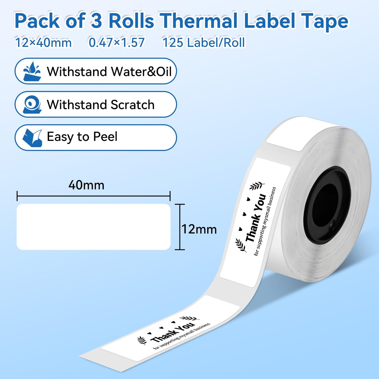 D30 Label Tape, for D30 D32 D10 D35 Q30 Label Maker, Black on White Thermal Paper Self-Adhesive Label Maker Tape, 12 x 40 mm (0.47 x 1.57 Inch) 125 Tapes/Roll, 3-Roll 12*40mm White