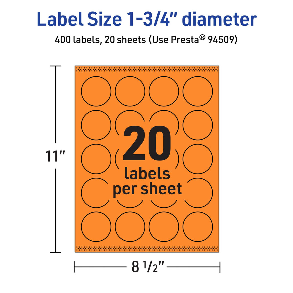 Avery Printable Round Labels, Sure Feed Technology, 1-3/4" Diameter, Bright Orange Labels, Print-to-The-Edge, Laser/Inkjet Printable, 400 Total, Great for Stickers and Candles 400 labels