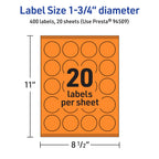 Avery Printable Round Labels, Sure Feed Technology, 1-3/4" Diameter, Bright Orange Labels, Print-to-The-Edge, Laser/Inkjet Printable, 400 Total, Great for Stickers and Candles 400 labels