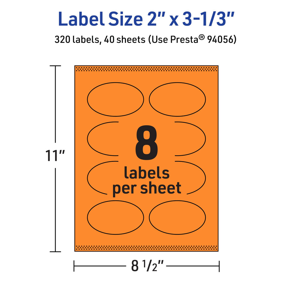 Avery Printable Oval Labels, Sure Feed Technology, 2" x 3-1/3", Bright Orange Labels, Print-to-The-Edge, Laser/Inkjet Printable, 320 Total, Great for Soaps and Candles 320 labels