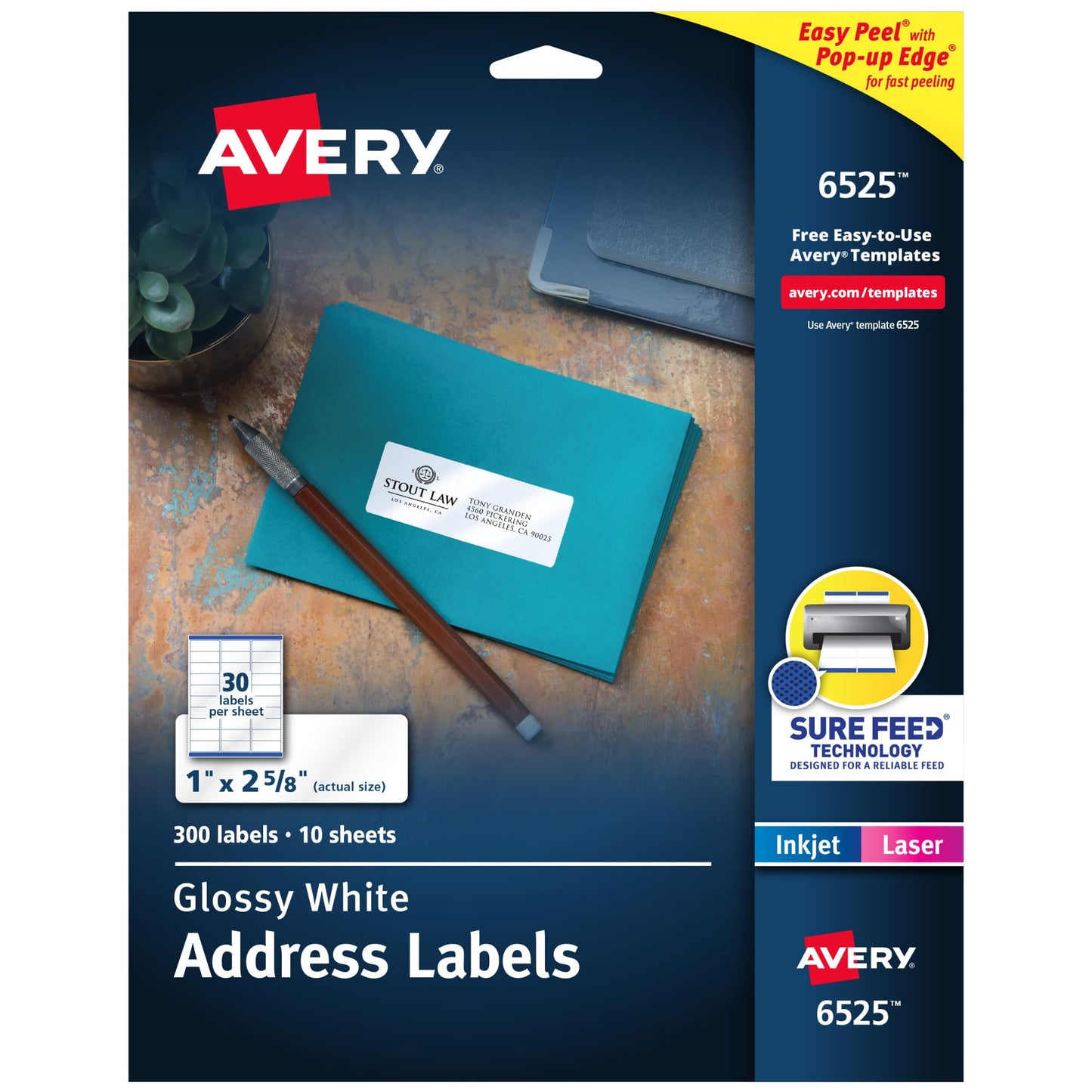Avery Address Labels with Sure Feed and Easy Peel Technology, Glossy White Labels, 1" x 2-5/8", Permanent Adhesive, Laser/Inkjet, 300 Glossy Labels (6525) 300 labels 1" X 2-5/8"