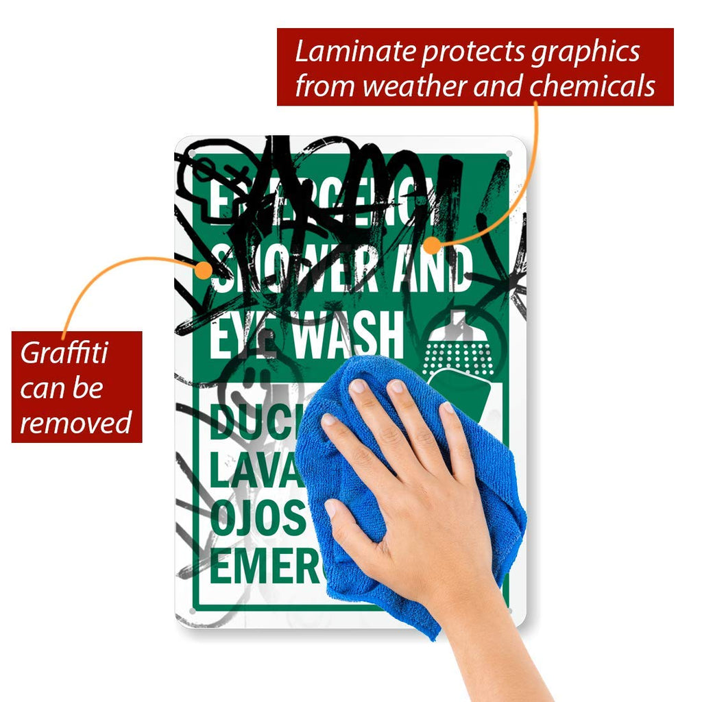 SmartSign "Emergency Shower & Eye Wash" Bilingual Sign | 10" x 14" Aluminum, Made in USA