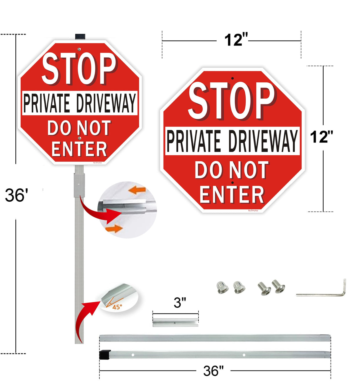 Private Driveway Stop Sign with 36" Metal Stake, 12x12 Inches Do Not Enter Sign, Reflective Fade-Free Aluminum, 2 Pack 12 x 12“ - 2 Pack with stake