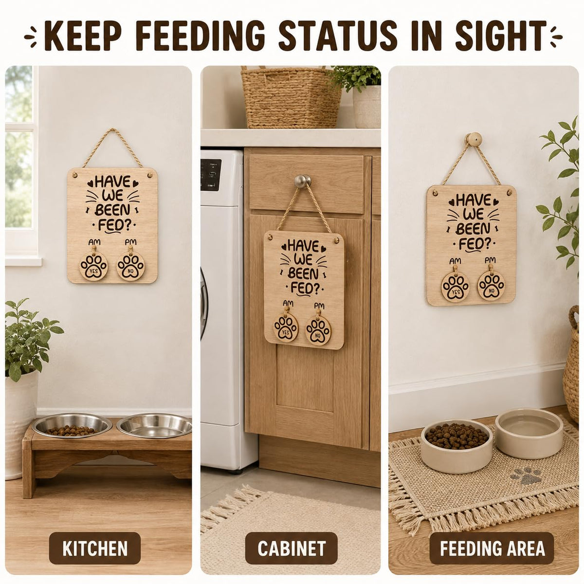 Wooden Pet Feeding Reminder Sign, Have We Been Fed AM PM Tracker