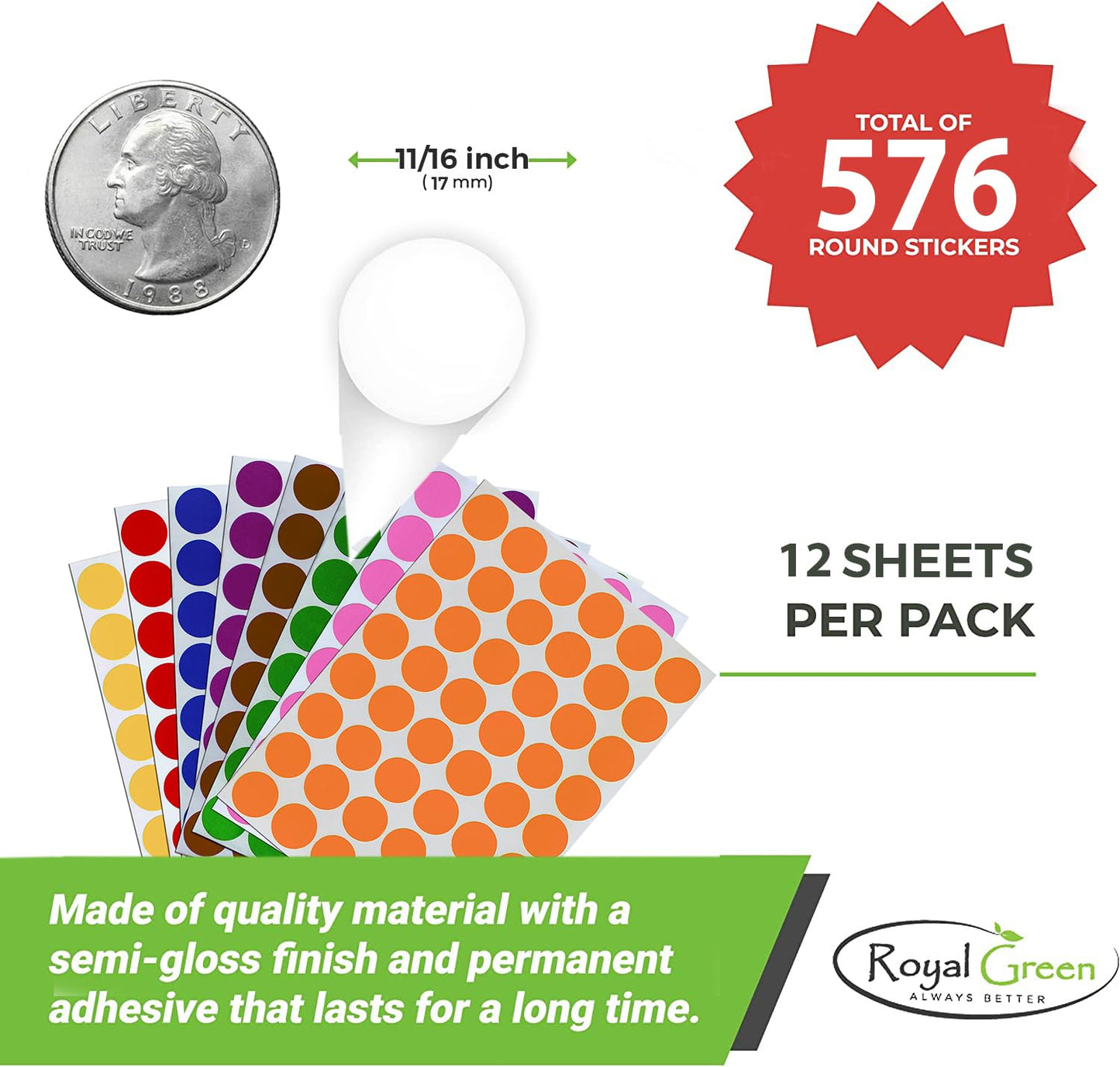 Color Coding Labels ~ 3/4" Diameter (11/16-17mm) Round Dot Stickers in Black, White, Red, Green, Yellow, Pink, Red, Orange, Brown and Blue - 576 Pack Multi_576