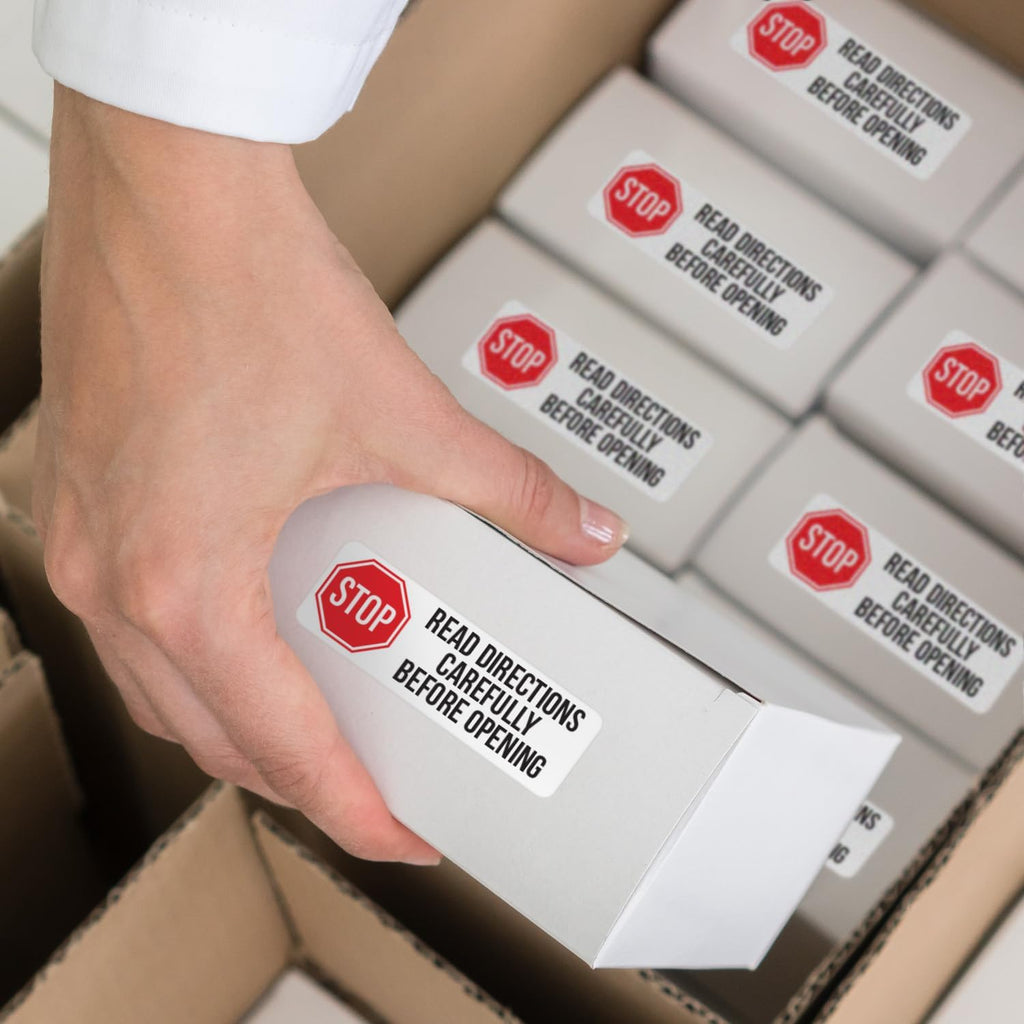 ChromaLabel 1x3 inch all-purpose color-code rectangle stickers with "Stop Read Directions" text, 250 stickers per roll.