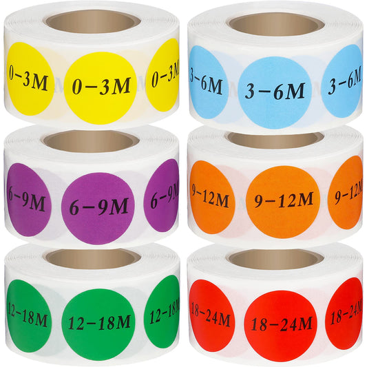 3000 Pieces Baby Size Stickers 4/5 Inch Round Self Adhesive Size Stickers for Retail Store Clothing Apparel Baby Clothes, 6 Color (0-3, 3-6, 6-9, 9-12, 12-18, 18-24 Months)
