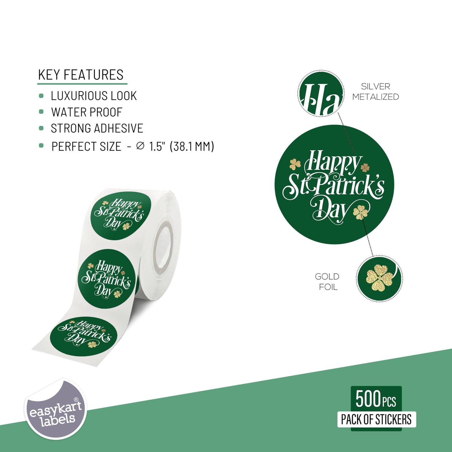 easykart labels 500 Happy St. Patrick's Day Stickers Shamrock Roll Labels Metallic Green with Gold Foil | Suitable for St. Patrick's Day Party Decorations and Crafts Supplies.| 1.5" Round Size