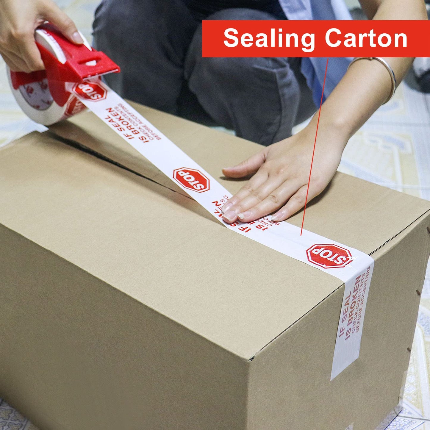 BOMEI PACK Stop Sign Sealing Tape,Pre-Printed IF Seal is Broken Check Contents Before Accepting Packing Tape with Dispenser 2 Inch x 110 Yards Heavy Duty Shipping Tape for Moving,Sealing