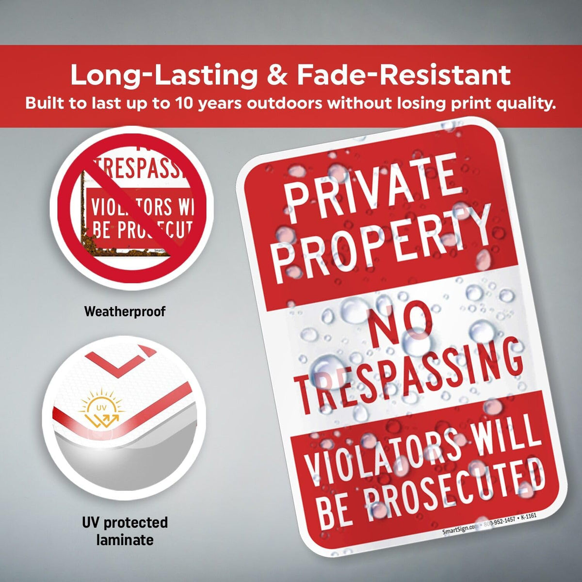 SmartSign Private Property No Trespassing Sign, Violators Prosecuted Sign, 12 x 18 Inches 3M High Intensity Grade Reflective Aluminum, USA Made 12" x 18"