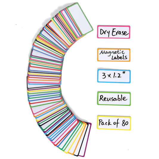 Dry Erase Magnetic Labels: 80PCS, 3x1.2”, Magnetic Name Tags Plates for School Classroom & Office, Reusable Name Magnets for Whiteboards, Lockers, Iron Shelf & Fridge