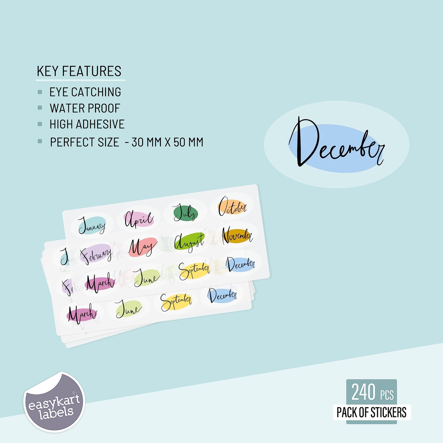 easykart labels 240 Labels Month Stickers 12 Months of The Year Color Coding Clear Label Oval Stickers Month Labels Self Adhesive Stickers 12 Labels Per Sheet Multi Colors 2 Inch (20 Sheets)