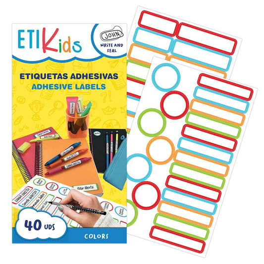ETIKIDS 40 Pack Customizable Laminated Adhesive Labels, Ideal for Daycare and School Supplies, Personalized Stickers for Nursery Bottles and Dishes, Waterproof and Scratch Resistant, Multicolor color