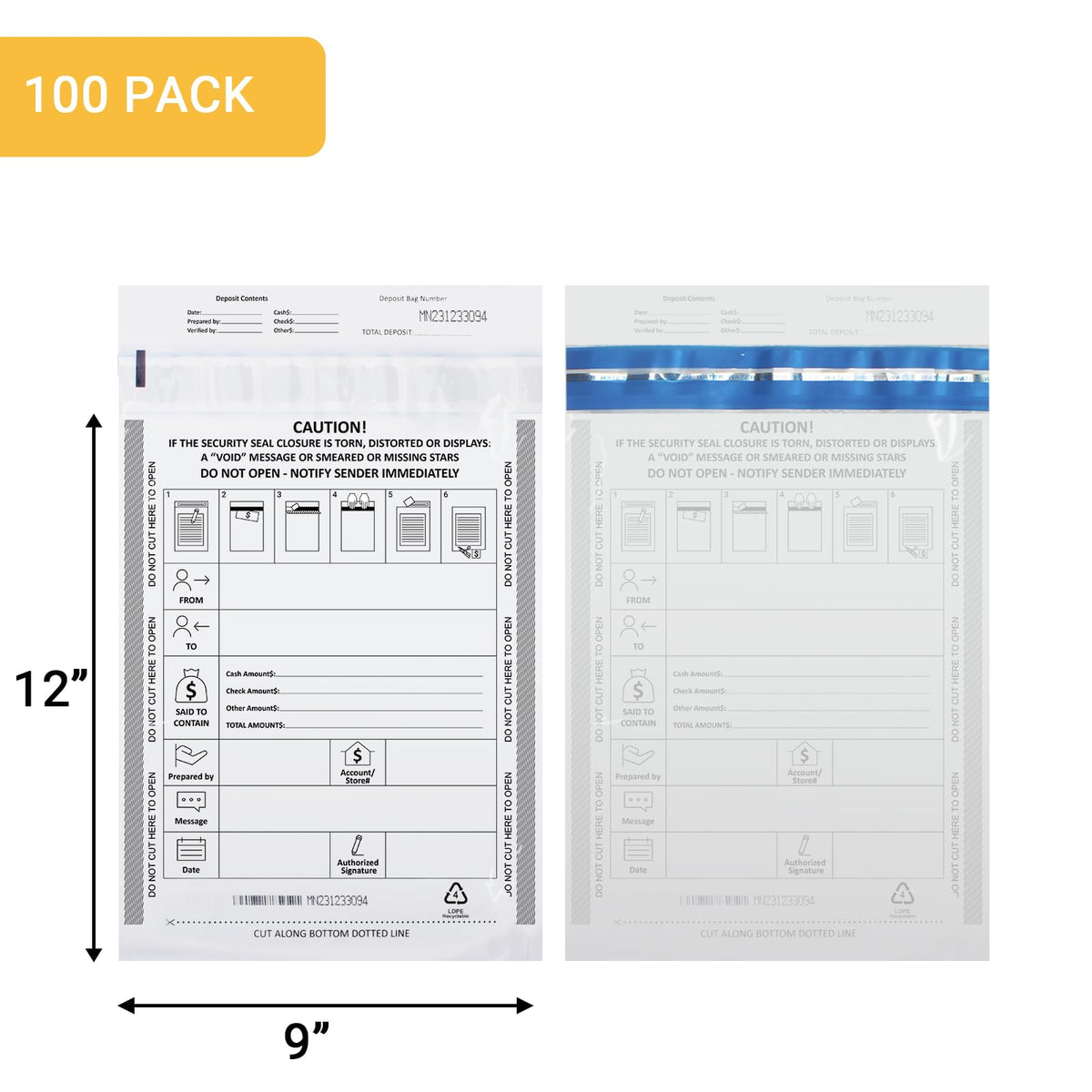 100 Pack 9" x 12" Tamper-Evident Deposit Bags with Security Tape Tamper Evident Security Pocket Bank Deposits Bags (5) 9 x 12 Inch Tamper-Evident(100pack)