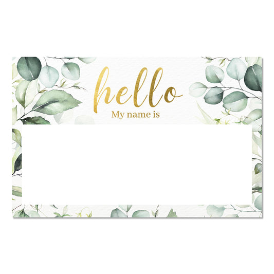 Hello My Name is Stickers Name Tags | Gold Foil | Perforated 2.25 x 3.5 Inch Name Tag Sticker | Greenery Theme |100pcs Name Stickers Name Badge for Wedding, Party, Bridal Shower and Baby Shower