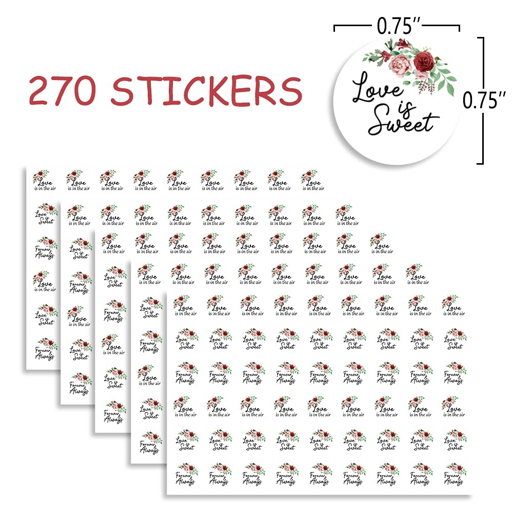 FujLoy Red Flowers Wedding Stickers, 270 PCS, 3 Designs, Self-Adhesive, Round, Red, Floral Letter Print, Waterproof, Indoor Use, Perfect for Decorating, Wedding Party Favors, Cards, Gift Boxes