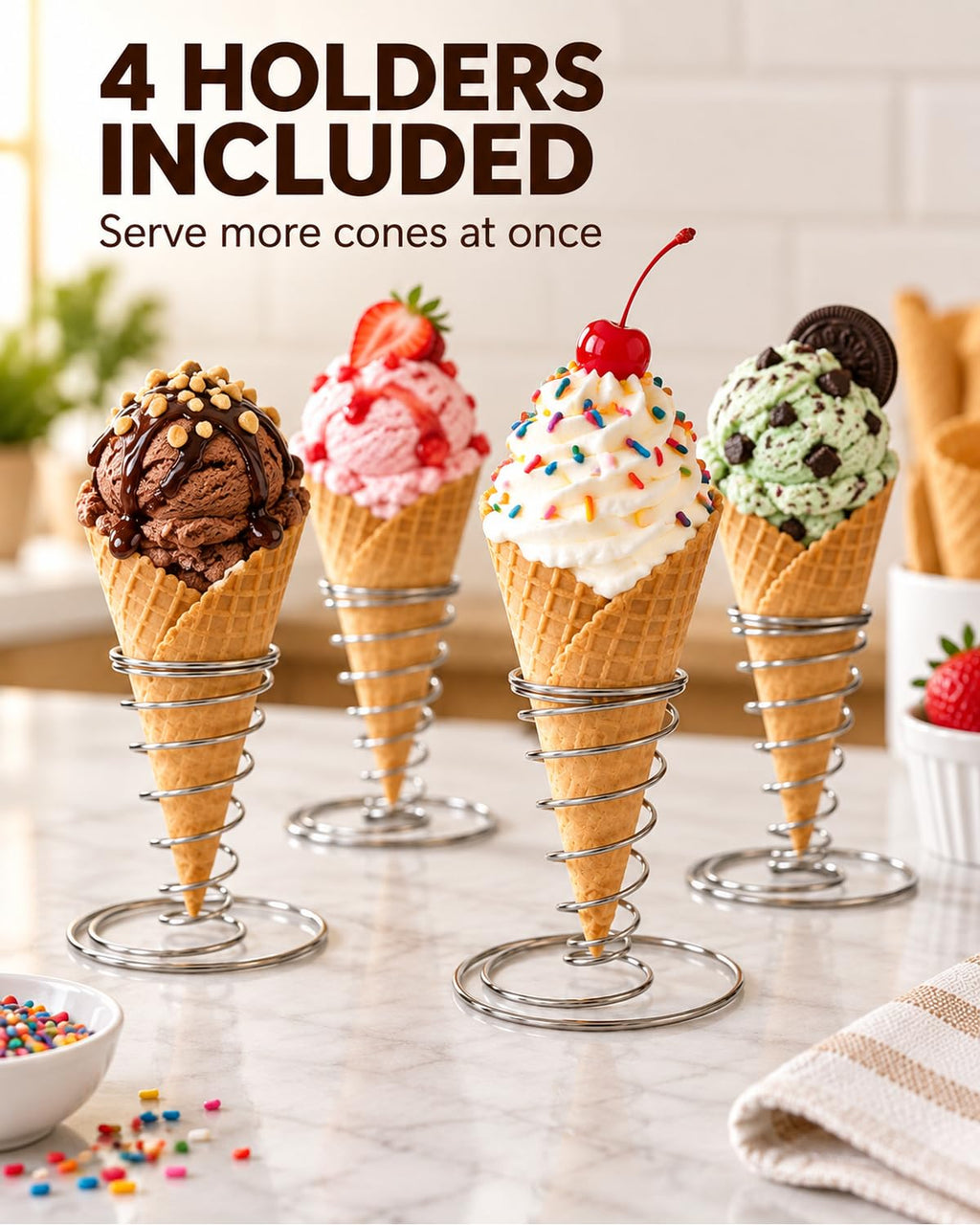 4 Pack Ice Cream Cone Holders, Stainless Steel Spiral Waffle Display Stands with Round Base for Sugar Cones, Pizza, Sushi, Parties, Catering and Dessert Tables