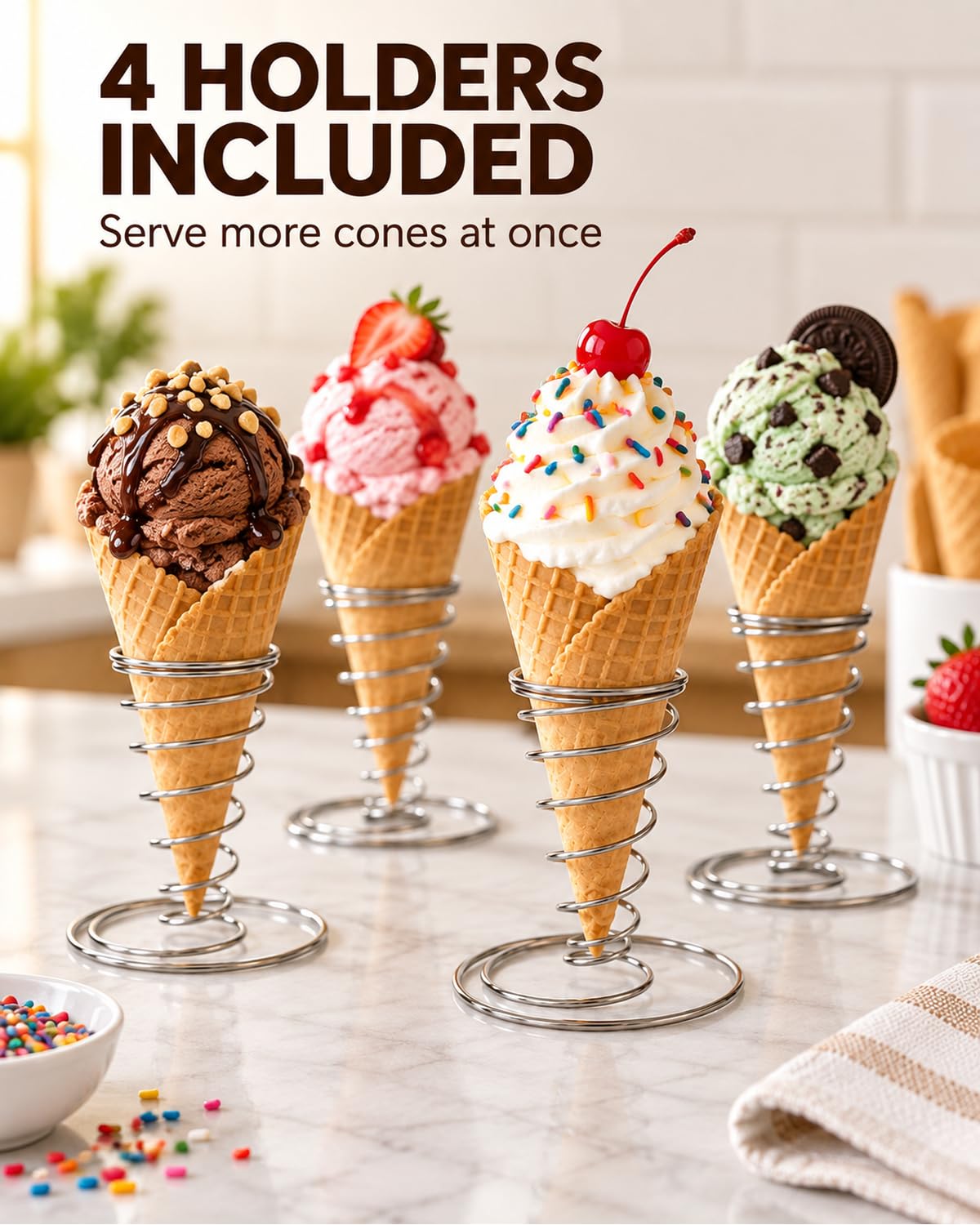 4 Pack Ice Cream Cone Holders, Stainless Steel Spiral Waffle Display Stands with Round Base for Sugar Cones, Pizza, Sushi, Parties, Catering and Dessert Tables