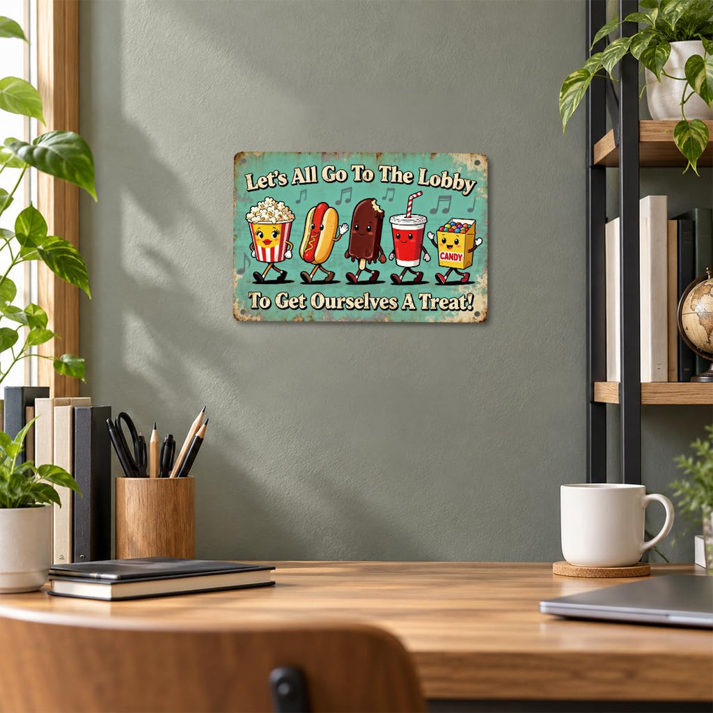 Let's All Go to the Lobby Movie Snack Metal Tin Sign, Home Theater Decor