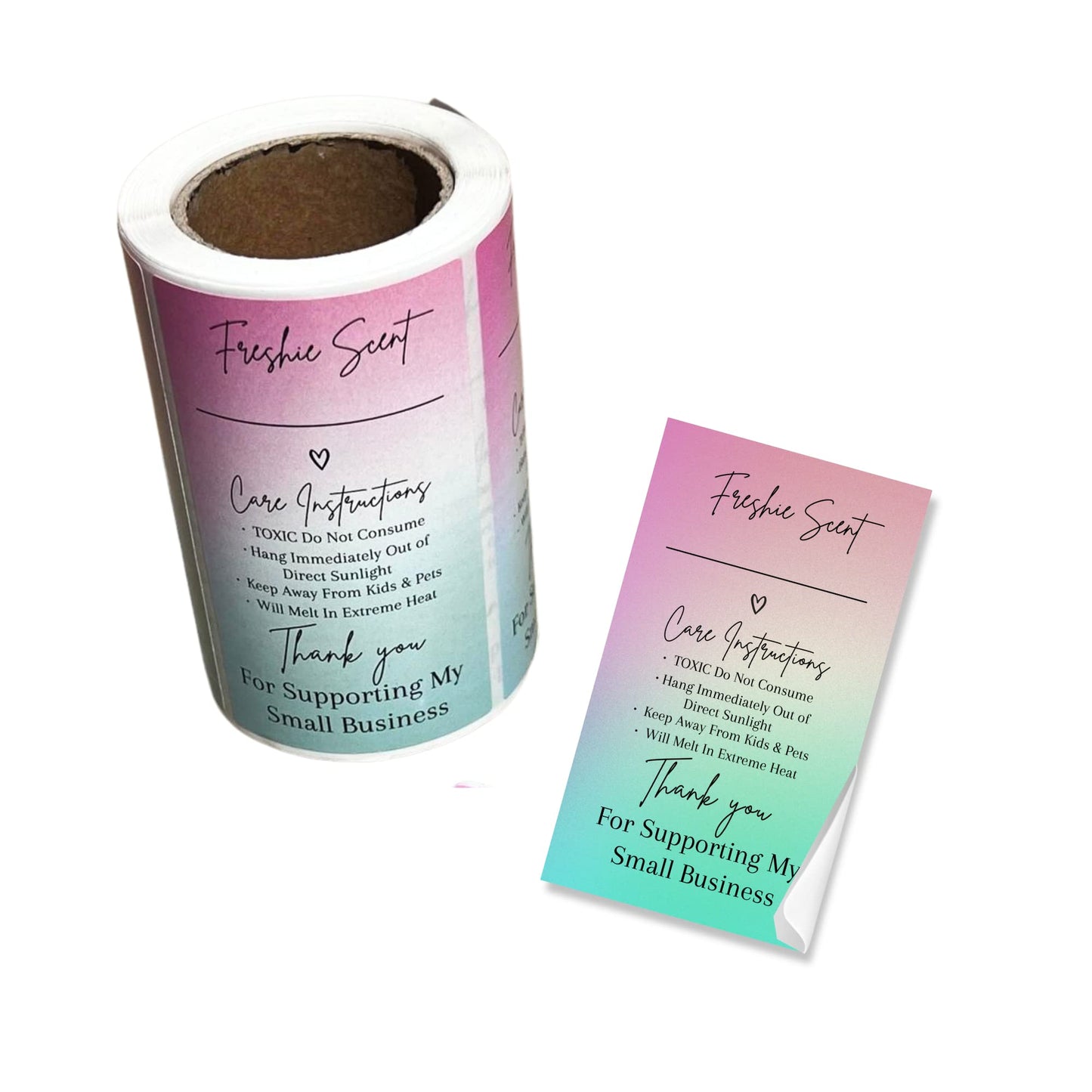Freshie Warning Care Instruction Card Stickers | 200 Sticker Roll | 2x3.5” Write in Your Scent Line Rainbow Ombre Pink Green Scented Bead Molds Aroma Oil Freshie Silicone It’s Getting Hot Labels