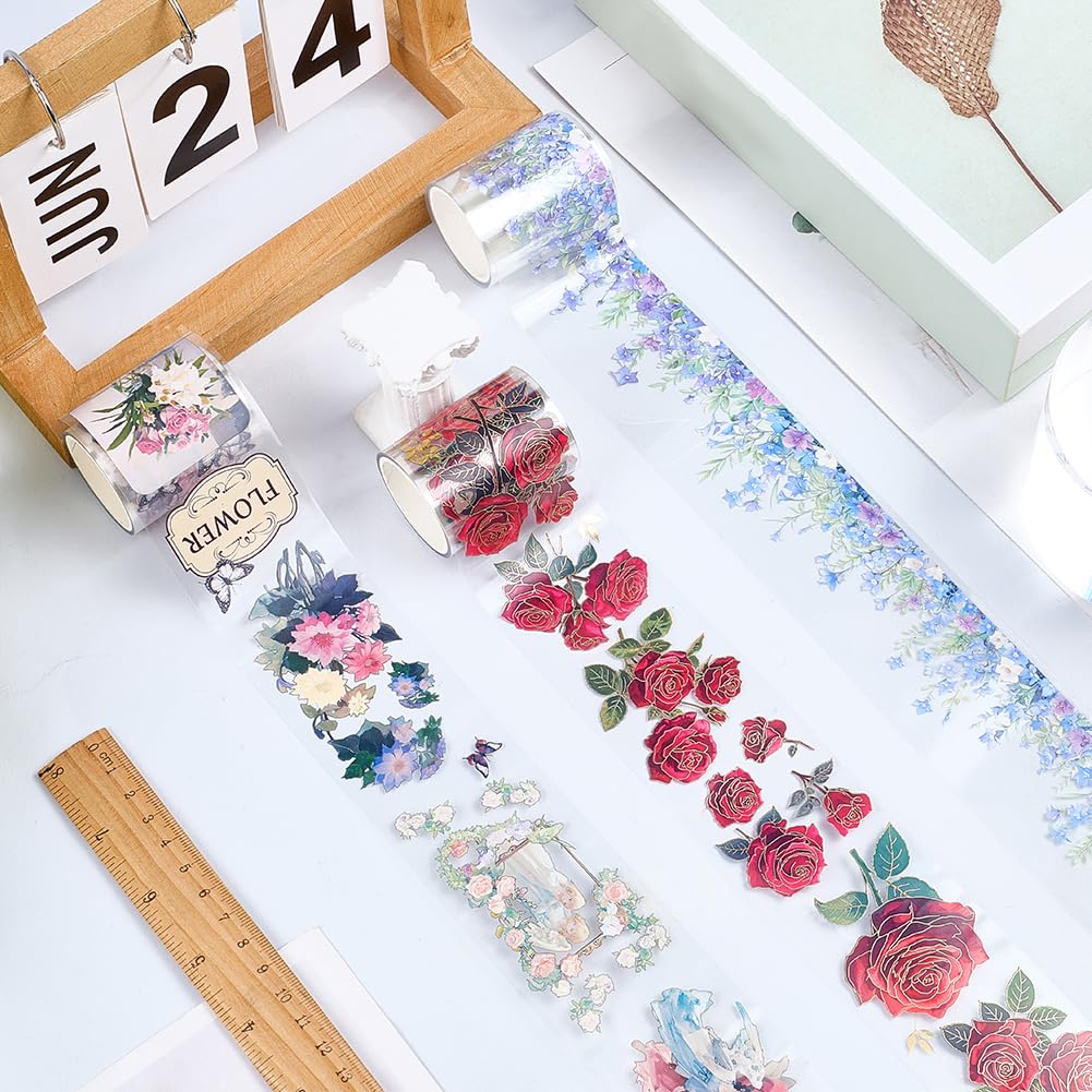 GORGECRAFT 2m*50mm Pre Cut Floral PET Tape Rose Aesthetic Tapes Journaling Scrapbook Tape Bujo Planner Supplies for Journal Book Card Diary Envelope Scrapbooking Crafts