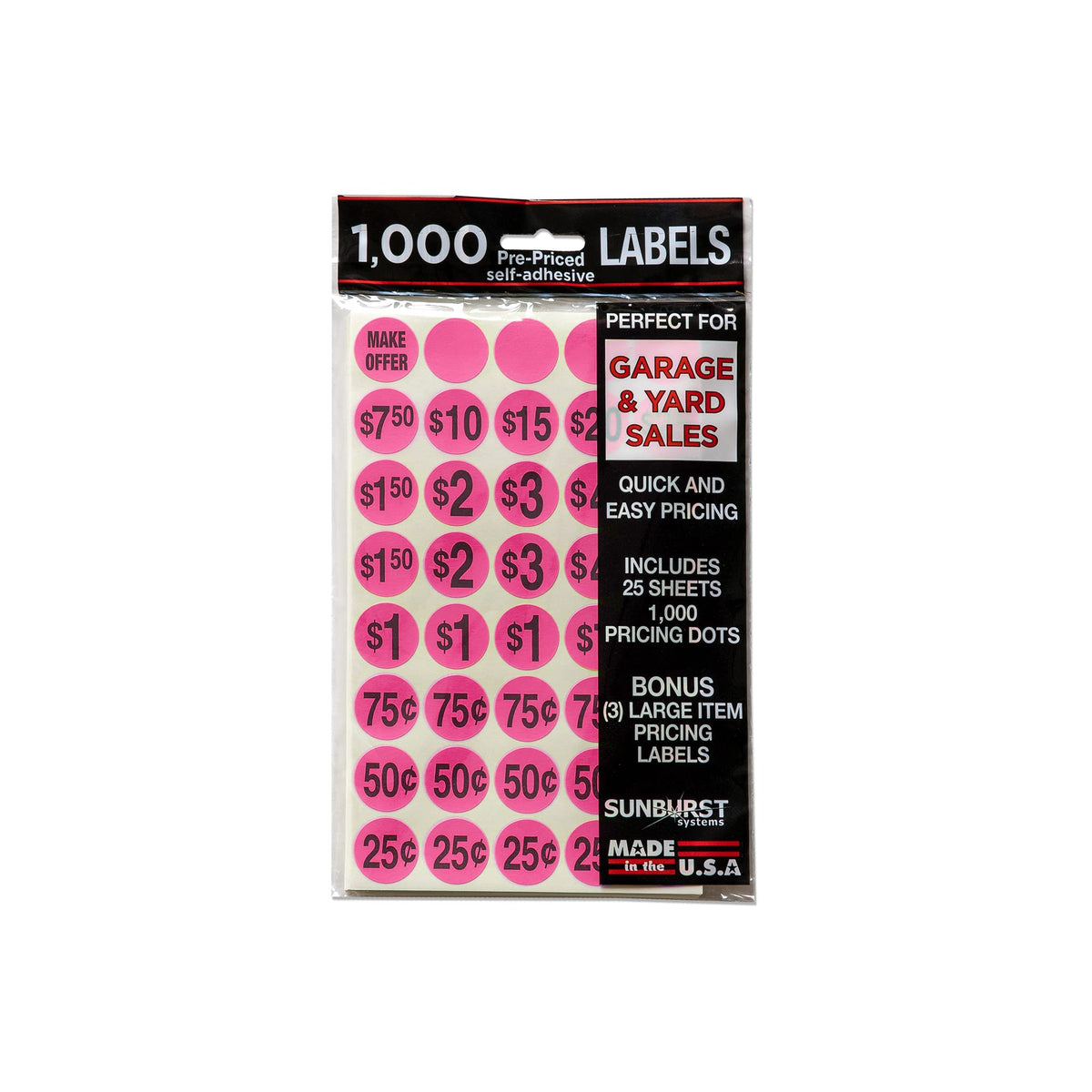 Sunburst Systems 7035 Priced Garage Sale Stickers, 1,000 Count Pre-Printed Labels, Pink & Hy-Ko Products RS-804 Garage Sale Corrugated Plastic Sign w/H Bracket 9.25" x 24" Red/White, 1 Piece Labels + Plastic Sign
