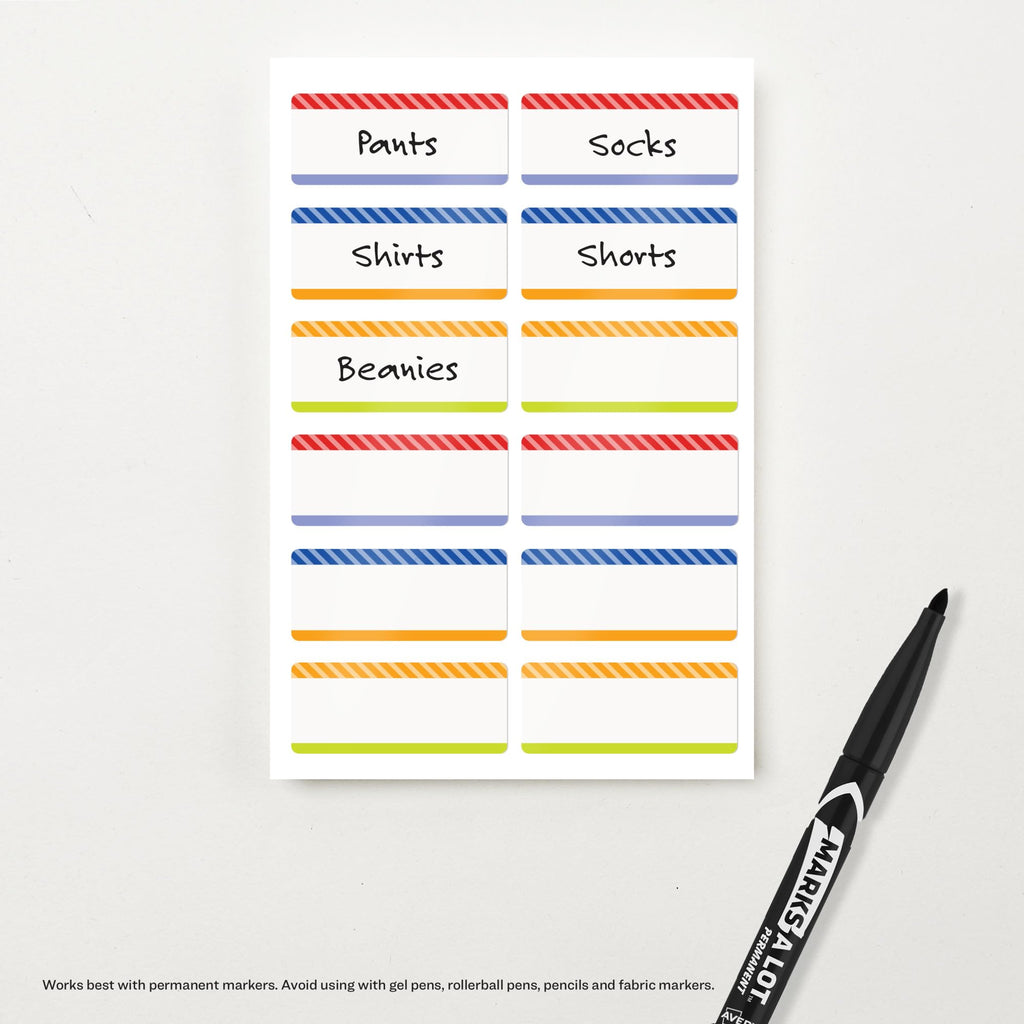 Avery No-Iron Fabric Name Labels, Playful Stripes Preprinted Designs, Handwrite-Only, 2-Pack, 48 Preprinted Labels (21959)