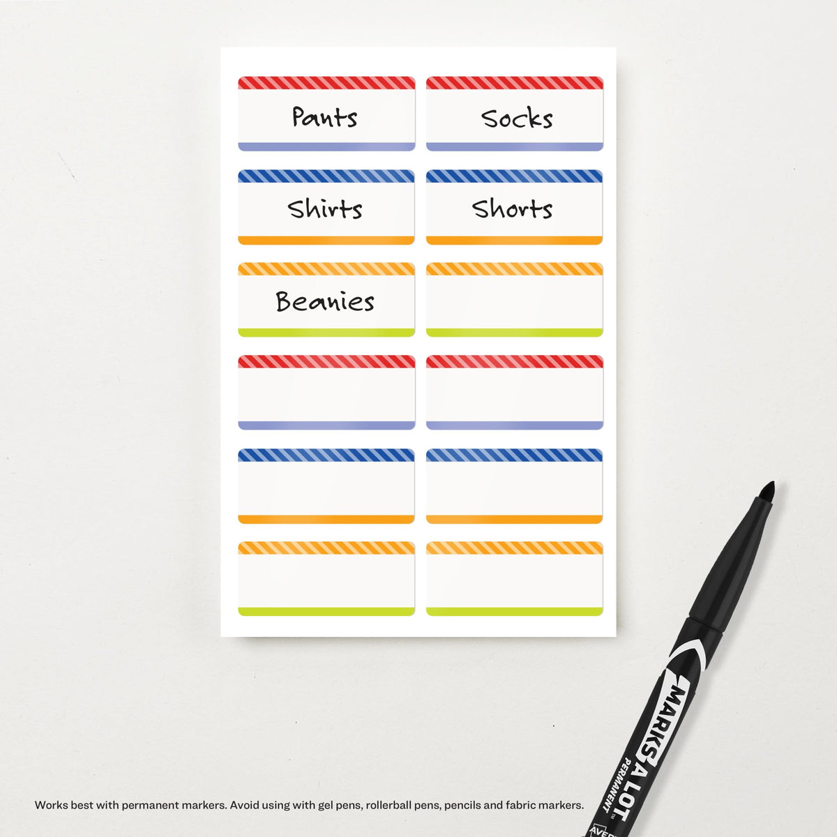 Avery No-Iron Fabric Name Labels, Playful Stripes Preprinted Designs, Handwrite-Only, 2-Pack, 48 Preprinted Labels (21959)