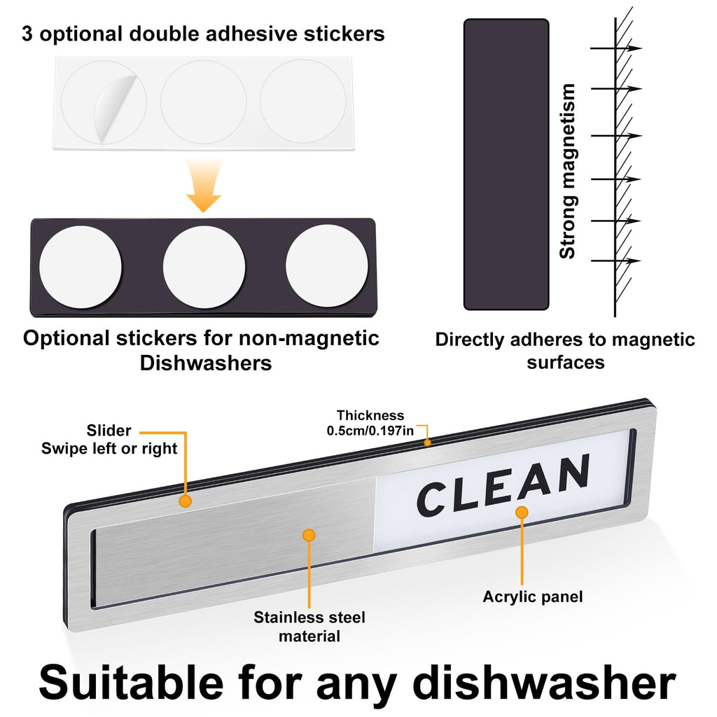 Dishwasher Magnet Clean Dirty Sign - Strong Magnetic & Non-Scratch Reversible Dishwasher Indicator, Easy to Slide & Read, with Optional Adhesive - Dishwasher Sign Kitchen Decor and Accessories Dishwashermagnet-s-brushedsilver