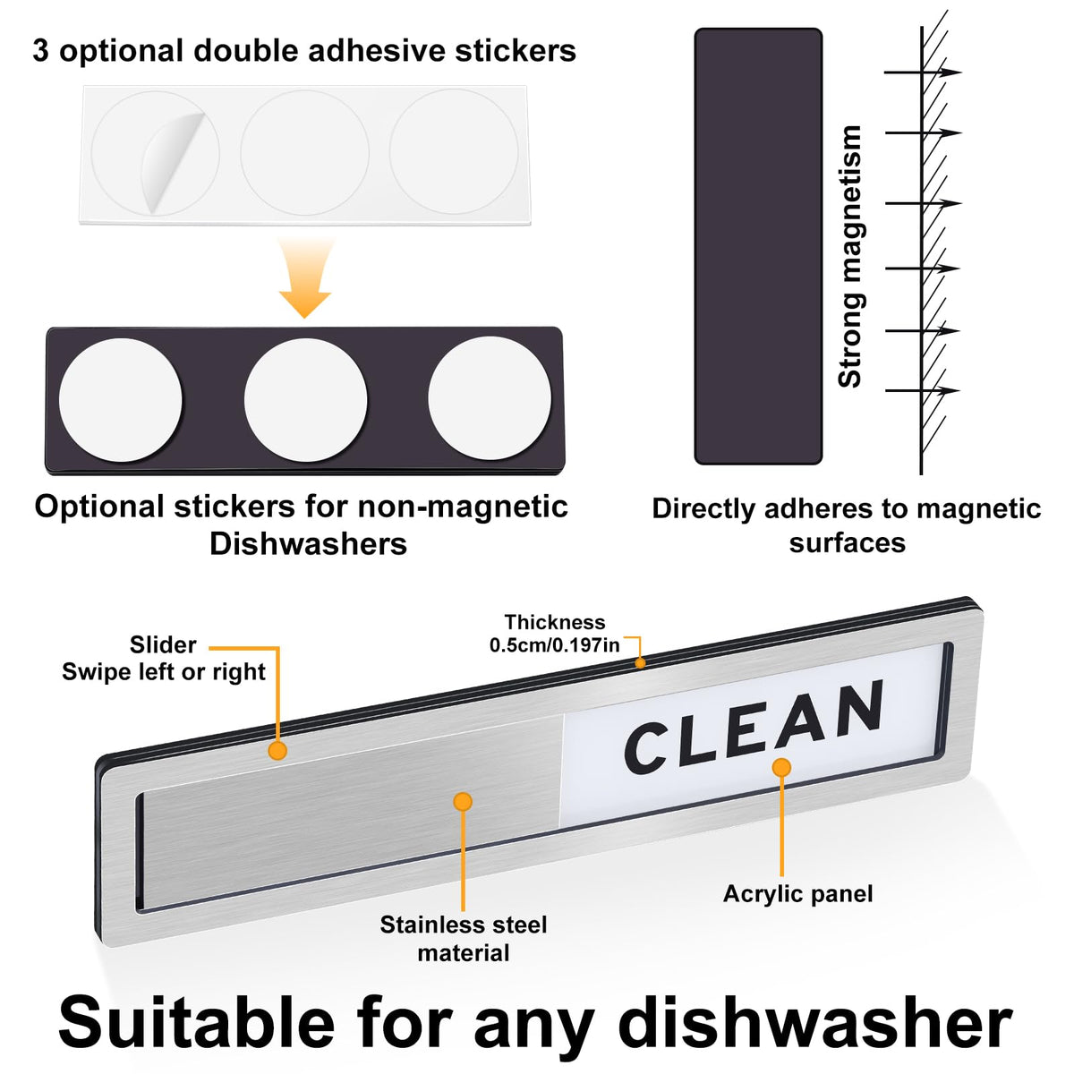 Dishwasher Magnet Clean Dirty Sign - Strong Magnetic & Non-Scratch Reversible Dishwasher Indicator, Easy to Slide & Read, with Optional Adhesive - Dishwasher Sign Kitchen Decor and Accessories Dishwashermagnet-s-brushedsilver