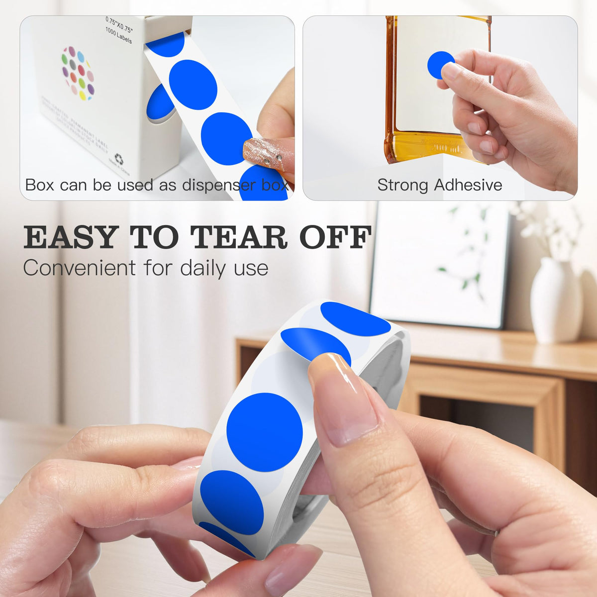 PARLAIM 3/4-inch round blue circle labels, 1000 pack of color-coding stickers in a dispenser box for office and classroom use.