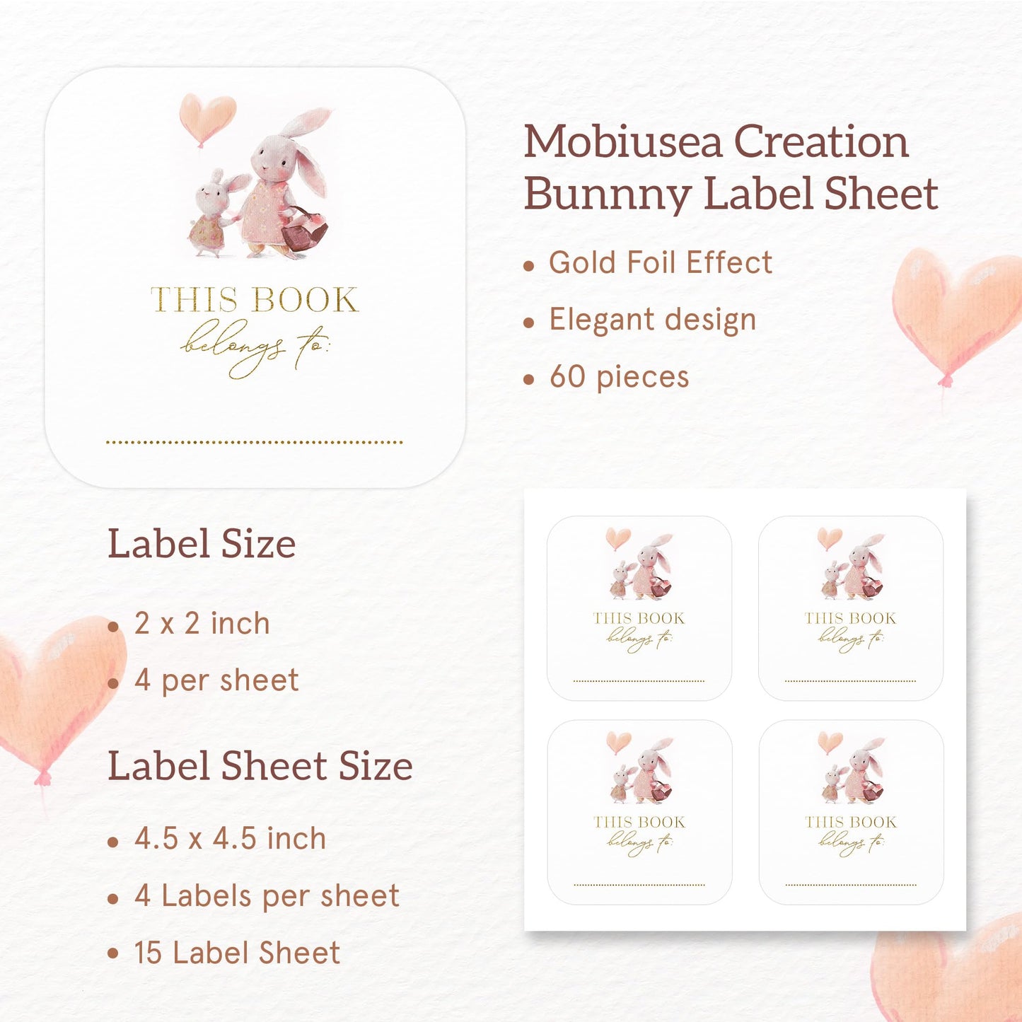 Mobiusea Creation Bunny Design This Book Belongs to Stickers | Bookplates Labels | 2 x 2 Inch | Gold Foil | 60pcs Stickers for Name Plates for Books and Bookplate Labels