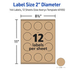Avery Round Labels, 2" Diameter, Kraft Brown, Sure Feed Technology, Print-to-The-Edge Capability, Laser/Inkjet Compatible, 144 Printable Labels Total (40105) 144 labels