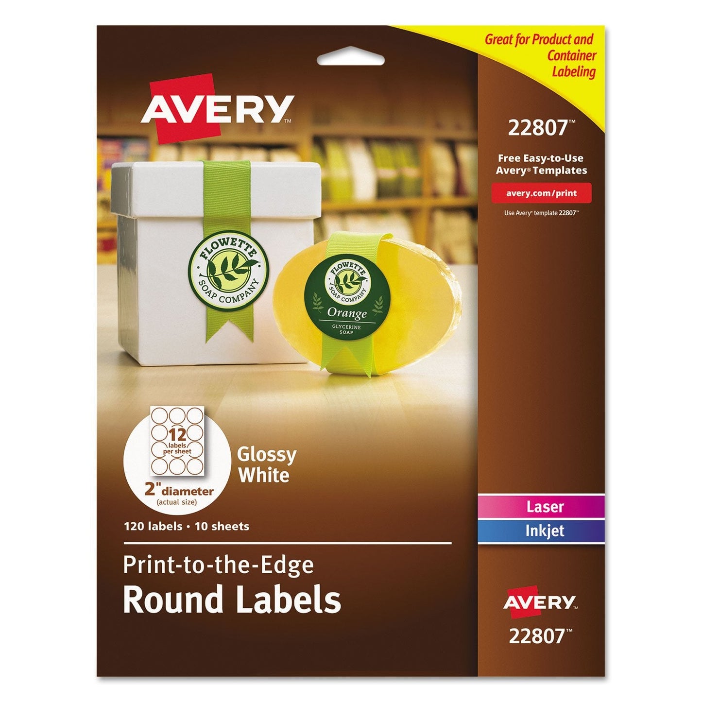 Avery® Easy Peel® TrueBlock® Print-To-The-Edge Inkjet/Laser Labels, Round, 22807, 2" Diameter, White, Pack Of 120 120 labels 2" Glossy White