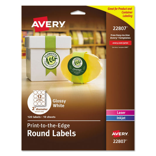 Avery® Easy Peel® TrueBlock® Print-To-The-Edge Inkjet/Laser Labels, Round, 22807, 2" Diameter, White, Pack Of 120 120 labels 2" Glossy White